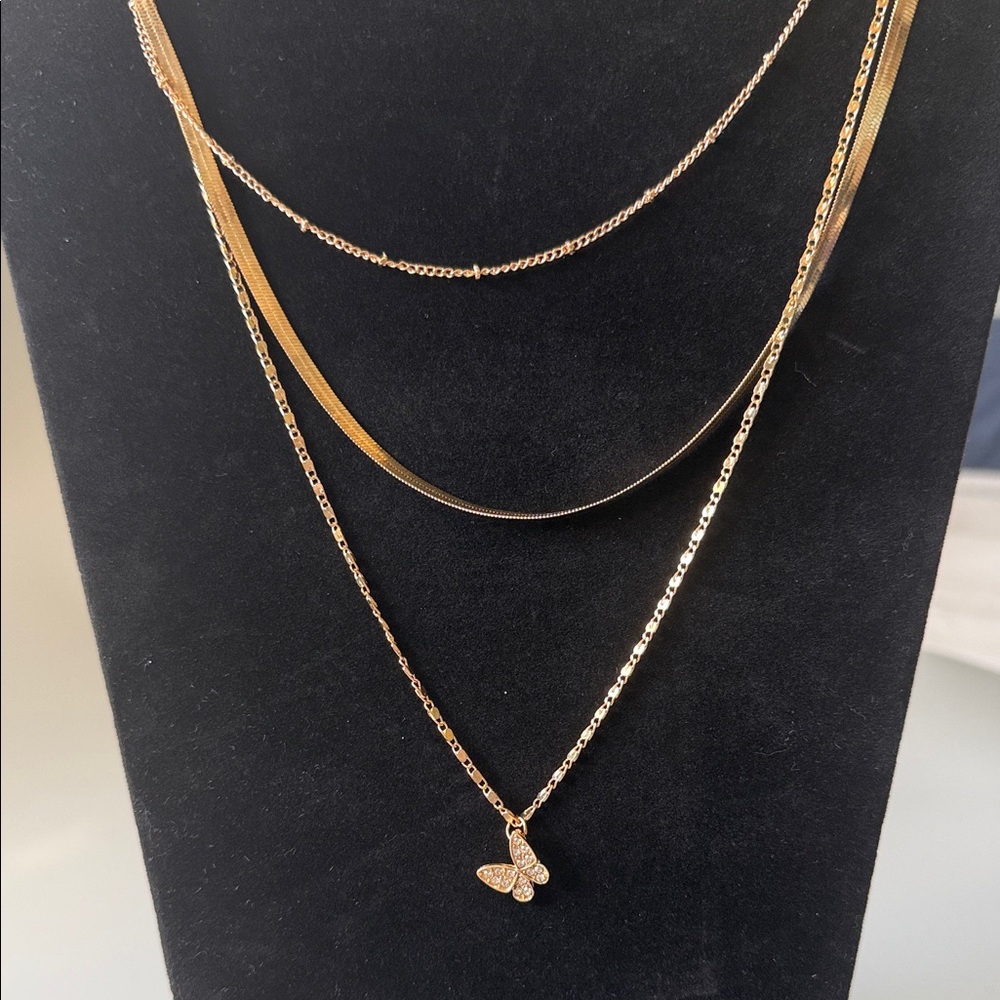Delicate Gold-Tone Layered Necklace with Butterfly Pendant